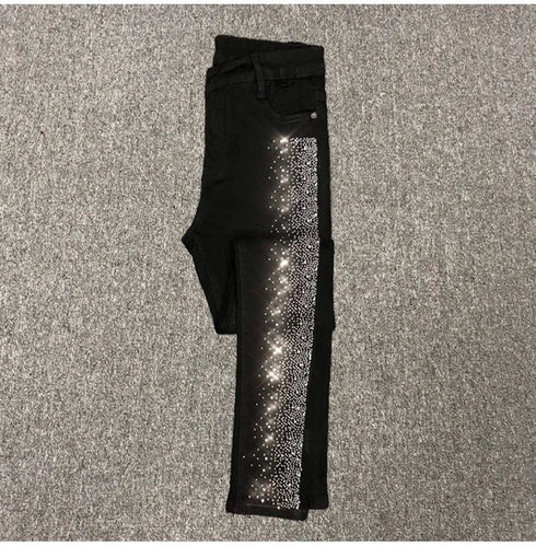 Fashion Rhinestone Jeans Female High Waist Slim Pencil Pants