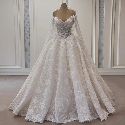Ball Gown Lace Wedding Dress With Long Sleeves V Neck Corset Pearls Beading Appliques