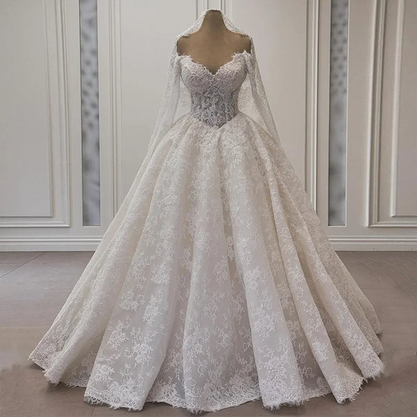 Ball Gown Lace Wedding Dress With Long Sleeves V Neck Corset Pearls Beading Appliques