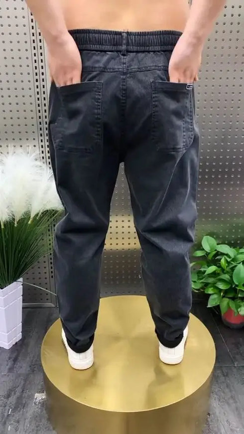 Luxury Baggy Denim Jeans for Men - Washed Streetwear Harem Trousers with Six Pockets, Elastic Waist, Perfect for Spring and Autumn, Casual Medium Wash Jeans Outfit