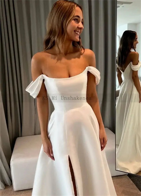 Simple Civil Wedding Dresses Off the Shoulder Sleeveless Dress