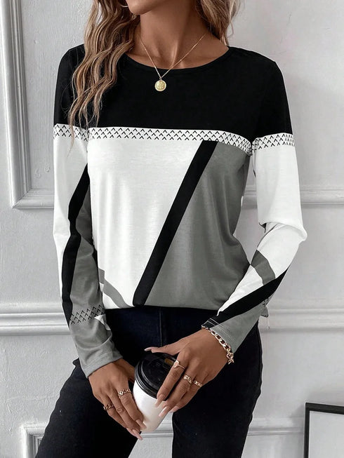 Casual Women's Geometric Print Long Sleeve T-Shirt Loose Fit O-Neck Tee