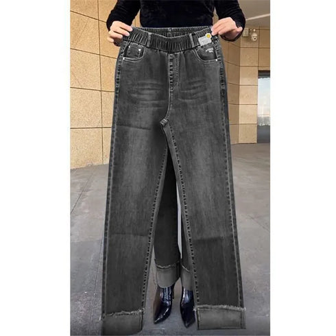 Elastic Waist Jeans For Women High Waist Wide Leg Denim Pants Loose Fit Casual Trousers