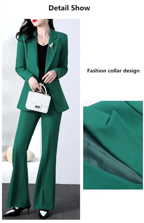 Elegant Women's Blazer Coat and Trousers Suit Set - Stylish Casual Outfit for Office and Autumn Wear with Flare Pants and Slim Fit Design
