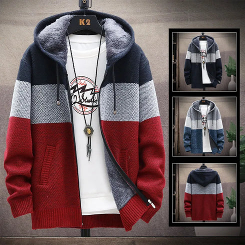 Men's Fleece Knit Sweater Coat with Stripes - Stylish Casual Jackets and Hoodies for Winter and Autumn, Thick Warm Windbreaker Pullovers for Everyday Wear