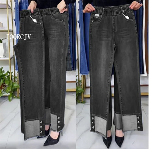 Elastic Waist Jeans For Women High Waist Wide Leg Denim Pants Loose Fit Casual Trousers
