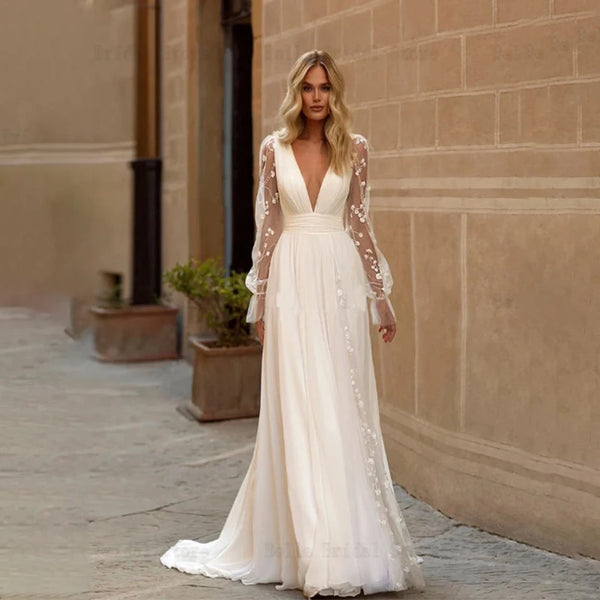 Customized Sexy Wedding Dresses Deep V Neck Long Sleeves Bridal Gowns A-Line Chiffon with Backless Lace