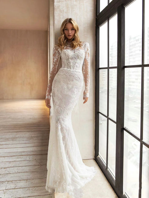 Beautiful Wedding Dresses With Detachable Train O-Neck Long Sleeves Bridal Gowns Lace Appliques