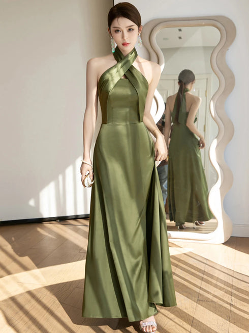 Backless Satin Sleeveless Ankle-Length Evening Dress for Bridesmaid Dress with Built-In Bra and Bow