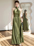Backless Satin Sleeveless Ankle-Length Evening Dress for Bridesmaid Dress with Built-In Bra and Bow