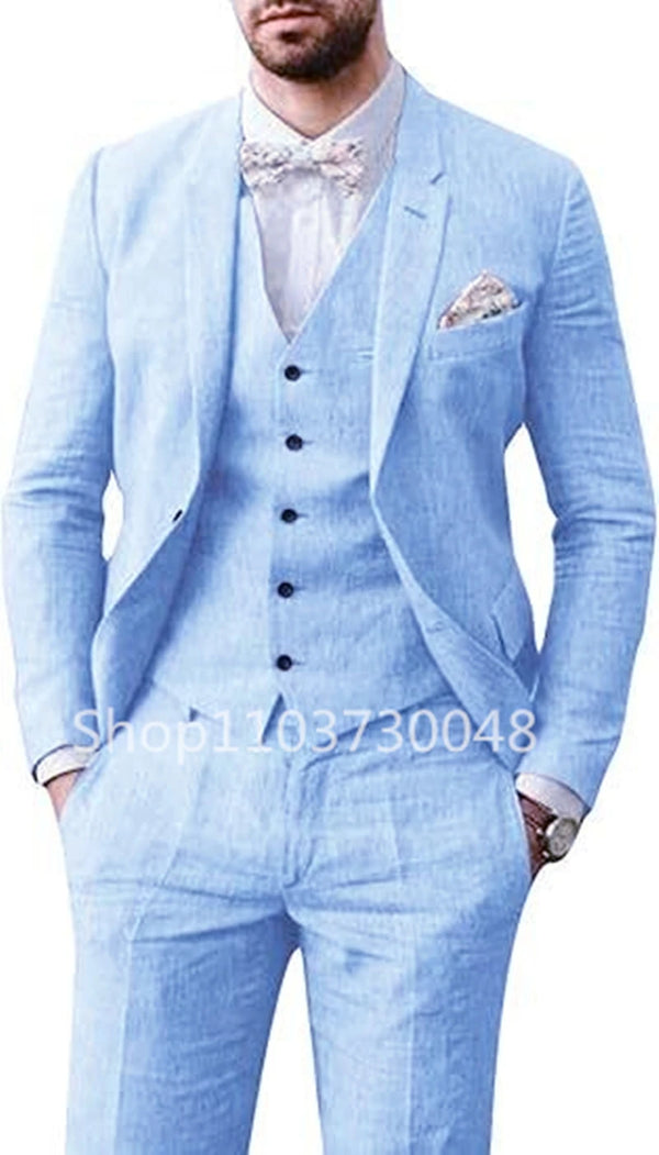 Stylish Men's Summer Linen Suit Set - Slim Fit Blazer, Vest & Pants