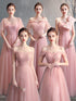 Bridesmaid Dress Tea-Length Tulle With Built-In Bra, V-Neck Pleated Design For Prom And Wedding Dress