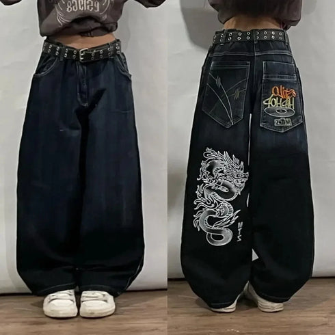 Gothic Print Wide Leg Casual Jeans for Women - Trendy Harajuku Style Baggy Pants Perfect for Punk Outfits and Fall Fashion Inspiration