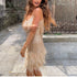 Elegant Sequined Mini Dress with Tassels and Feathers for Women - Spaghetti Strap Evening Party Attire