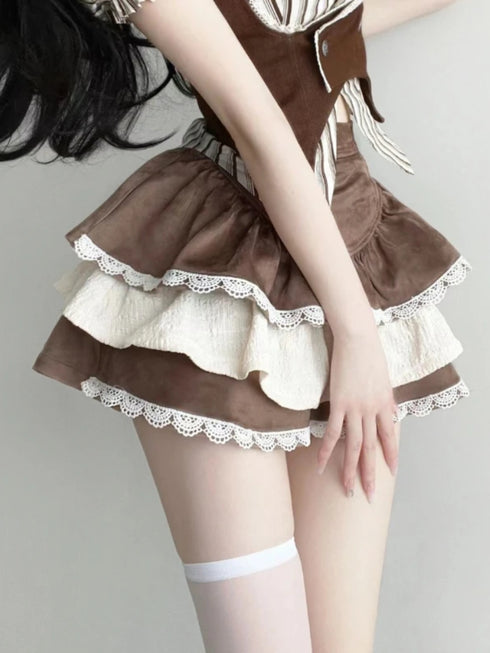 Fashion Vintage Y2K 3 Piece Set Summer Striped Shirt Slim Vest Lace Mini Skirt Women's Chic Outfit