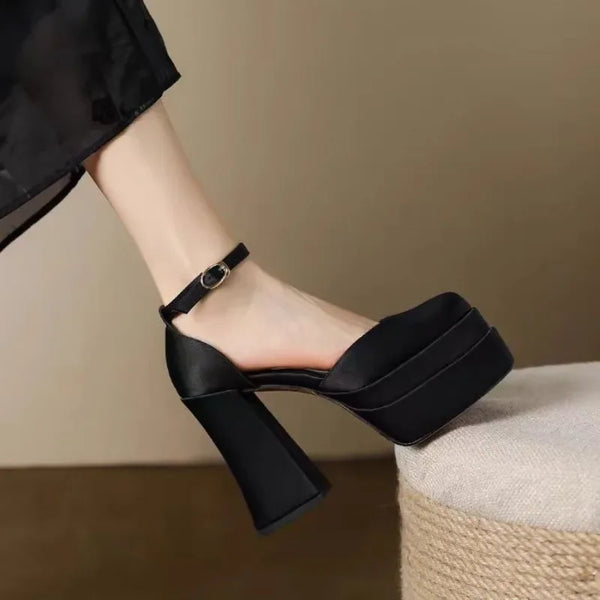 Mary Jane Block Heels Satin Women's Ultra High Ankle Straps