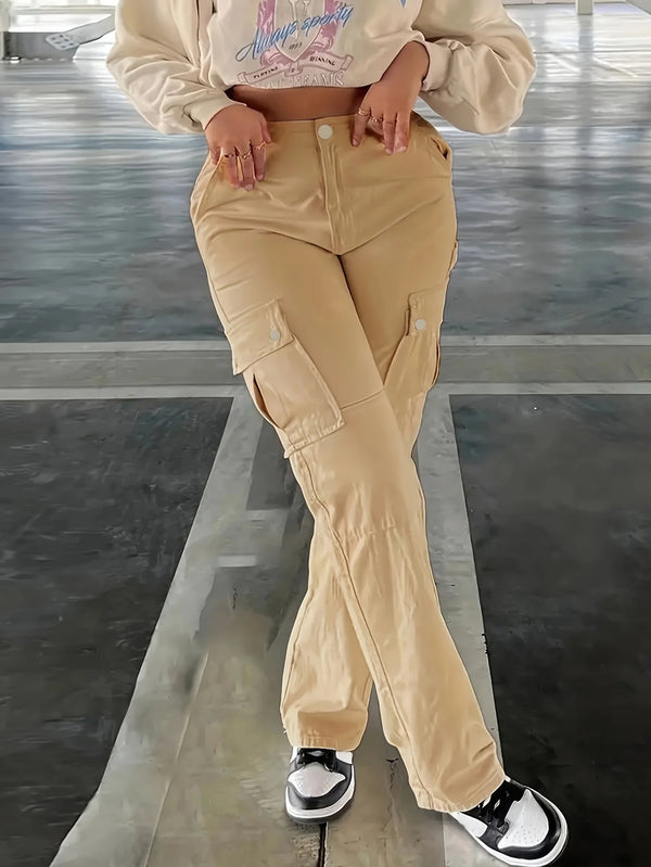 European and American High Waist Multi-Pocket Trousers for Women