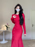 Korean Chic French Knitted Dress Women Long Sleeve Fishtail Bodycon