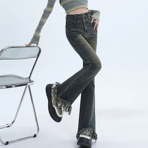 Ripped High Waist Flared Jeans For Women Retro Denim Trousers Casual Street Style Classic Fit