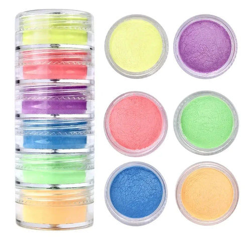Vibrant 6-Piece Neon Pigment Powder Set for Nail Art, Fluorescent Glitter, Chrome Pearlescent Finish, Epoxy Resin, and Eyeshadow Applications