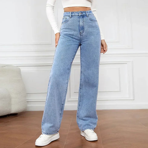 Denim Jeans Women Straight Pants High Waist Loose Basics Ankle Length Y2k Streetwear Slight Stretch