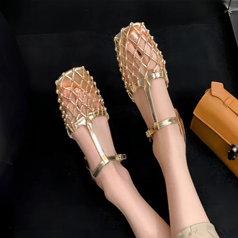 Woven Mesh Square Toe Low Heel Mules Sandals For Women
