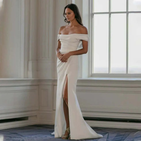 Simple Off The Shoulder Satin Mermaid Wedding Dress Side Slit