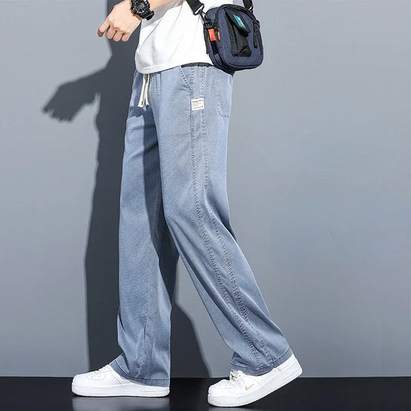 Casual Men's Jeans Loose Straight Drawstring Elastic Waist Lyocell Trousers
