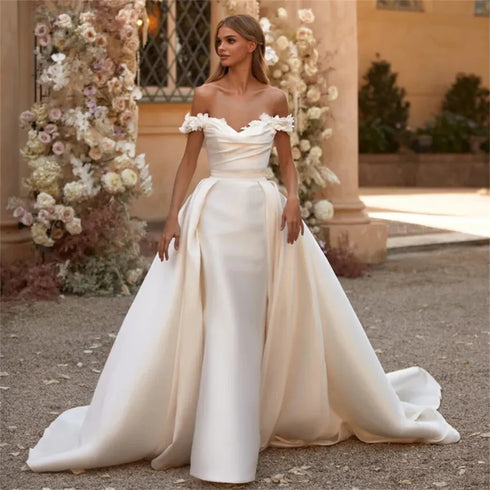 Customized Ivory Mermaid Wedding Dresses with Detachable Train and Off Shoulder 3D Flowers