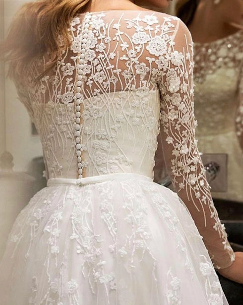 A-line Tulle Wedding Dress Long Sleeve V-neck Plus Size Lace