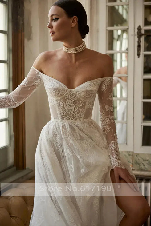 Elegant Off-Shoulder Lace A-line Wedding Dress Backless Gowns
