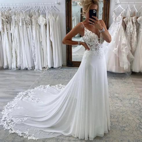 Beach Wedding Dress A Line Chiffon V Neck Backless Embroidered Appliques Boho Gown