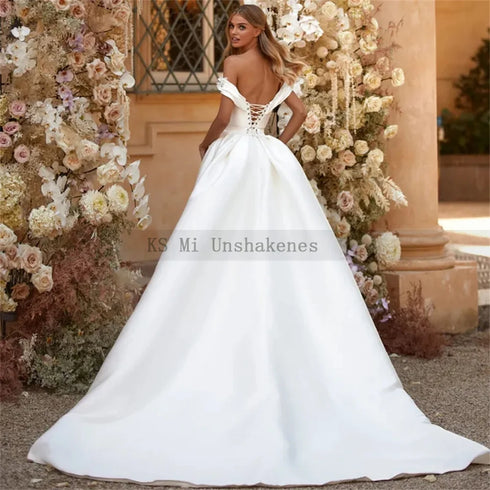 Customized Ivory Mermaid Wedding Dresses with Detachable Train and Off Shoulder 3D Flowers