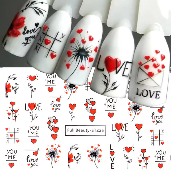 Valentine's Day Inspired Nail Art Stickers with Heart Designs, Flower Dandelion Water Decals, and Geometric Line Sliders for Creative Manicure Decoration
