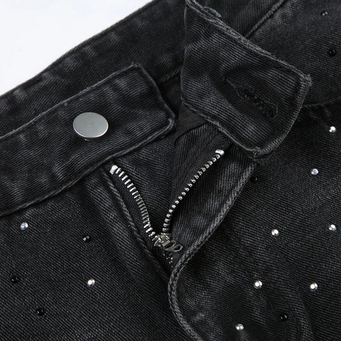 Stylish Casual Straight Leg Jeans for Women with Rhinestone Details - Perfect for Fall Outfits and Everyday Wear