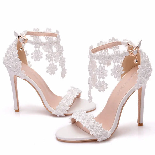 Queen Women Ankle Strap Sandals Lace Flowers Pearl Tassel Wedding Shoes