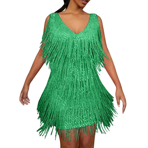 Plus Size Sexy V-Neck Tassel Mini Dress for Women Elegant Sleeveless Evening Party Dress