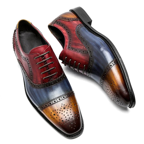 Genuine Leather Color Block Cap Toe Oxford Shoes for Men