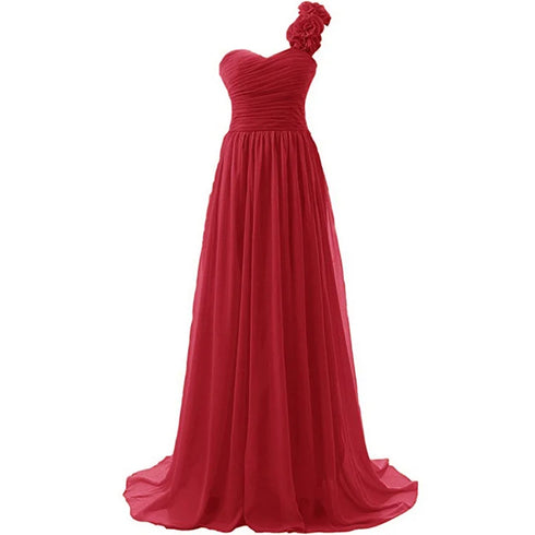 Chiffon Off-Shoulder A-Line Dress With Floral Pleats Floor-Length Corset Back Bridesmaid Dress