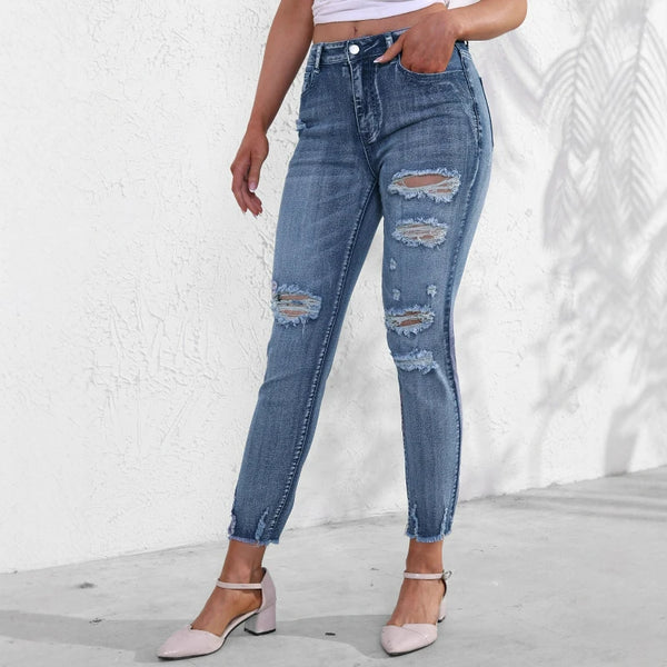 Distressed High Waist Pencil Denim Jeans Ankle Length Women Jeans