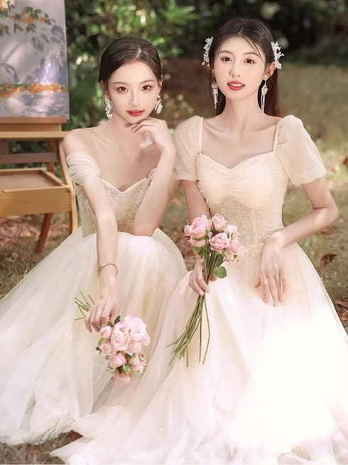 Bridesmaid Dress With Square Neck And Bow Ankle Length Organza With Floral Appliques Bridal Gown Style