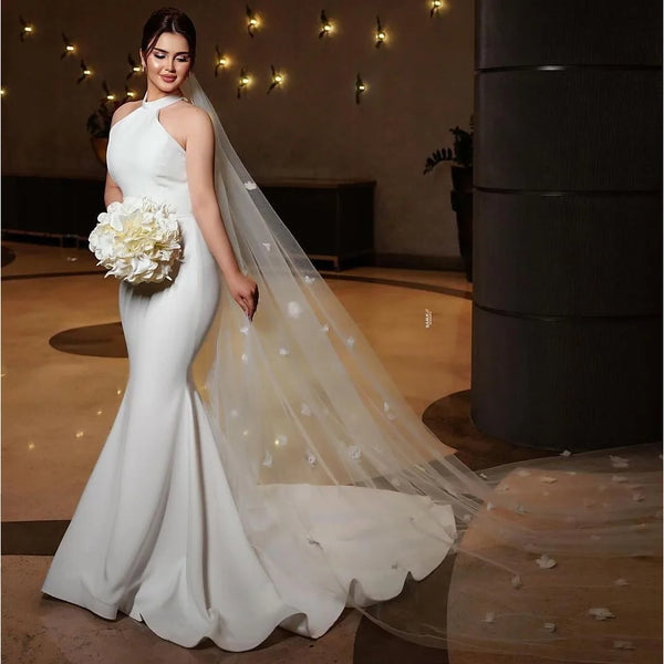 Elegant Halter Thick Satin Mermaid Wedding Dresses Sweep Train Custom Made