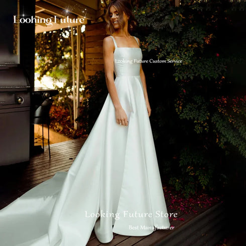 Elegant Vintage Square Collar A-Line Wedding Dress with Backless Detail