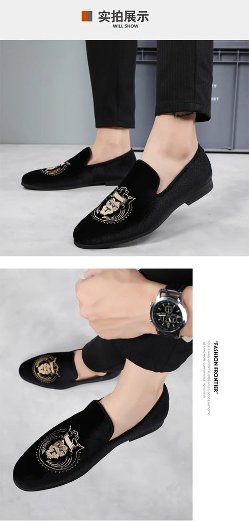 Luxury Pointed Toe Velvet Loafers for Men - Elegant Casual and Formal Dress Footwear with Embroidery Details for Weddings and Special Occasions