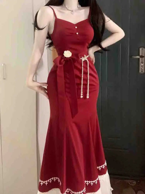 French Vintage Fairy Mermaid Dress Women Lace Midi Dress