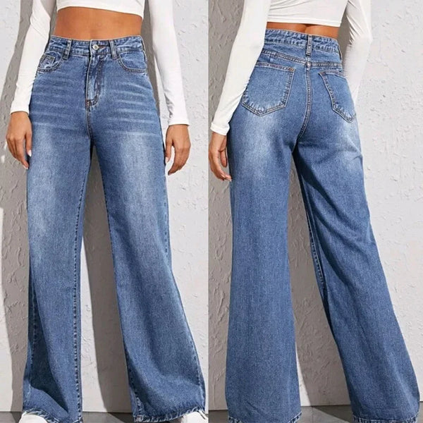 Blue Jeans for Women Wide Leg Denim Trousers High Waist Loose Elegant Pants