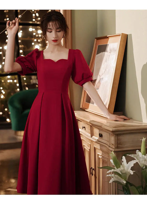 Elegant Red Midi Dress Women Summer Vintage Evening Party Dress Casual Fashion Formal Occasions One Piece Dress