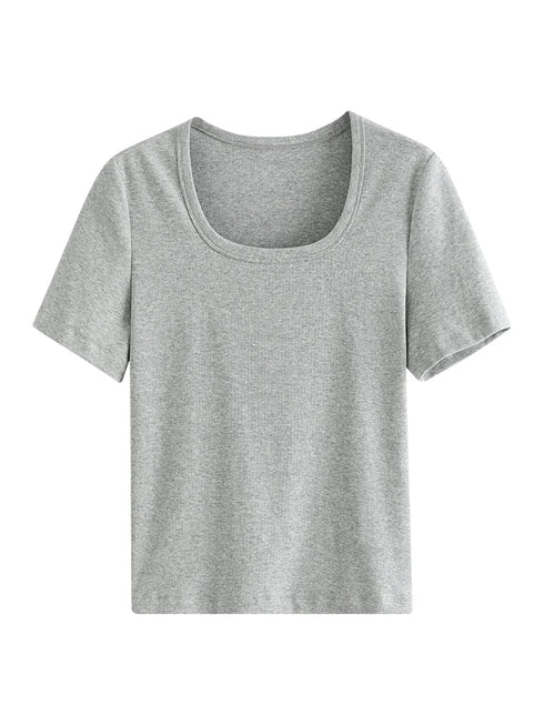 FSLE【4 Colors】Women Round Neck Casual Grey Summer T-Shirt Black Cotton Square Neck Short Sleeve Elastic Tees 24FS12797+24FS12798