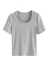 FSLE【4 Colors】Women Round Neck Casual Grey Summer T-Shirt Black Cotton Square Neck Short Sleeve Elastic Tees 24FS12797+24FS12798