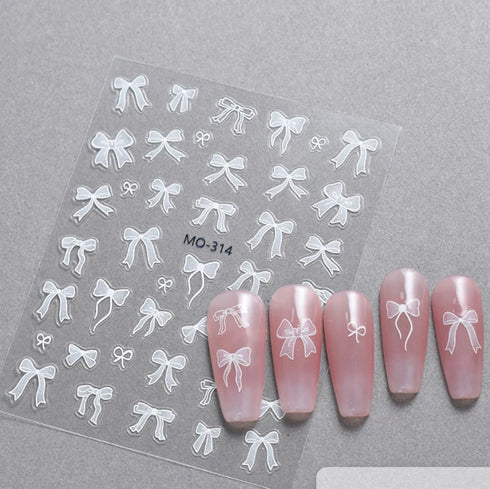5D Embossed Nail Art Stickers - Semi-Transparent White Bowknots Adhesive Sliders for Creative Manicure Decorations and Nail Art Accessories
